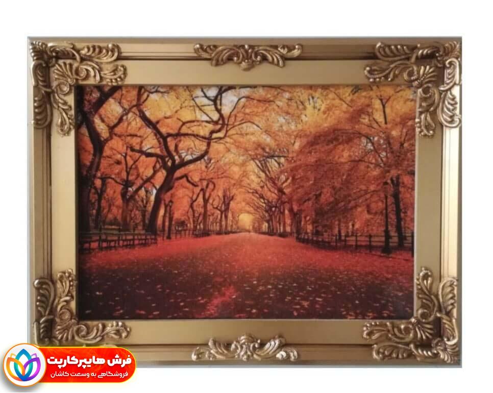 کلاریس منظره پاییز با قاب باران در رنگبندی قهوه ای سفید طلایی تابلو فرش کلاریس طرح منظره پاییز سایز 70*50 1